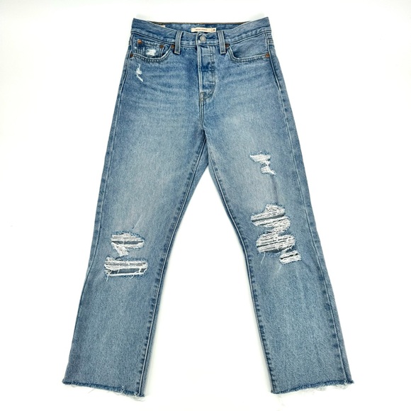 LEVIS Premium Big E Wedgie Straight High Rise Raw Crop Distressed Jeans - Picture 5 of 14